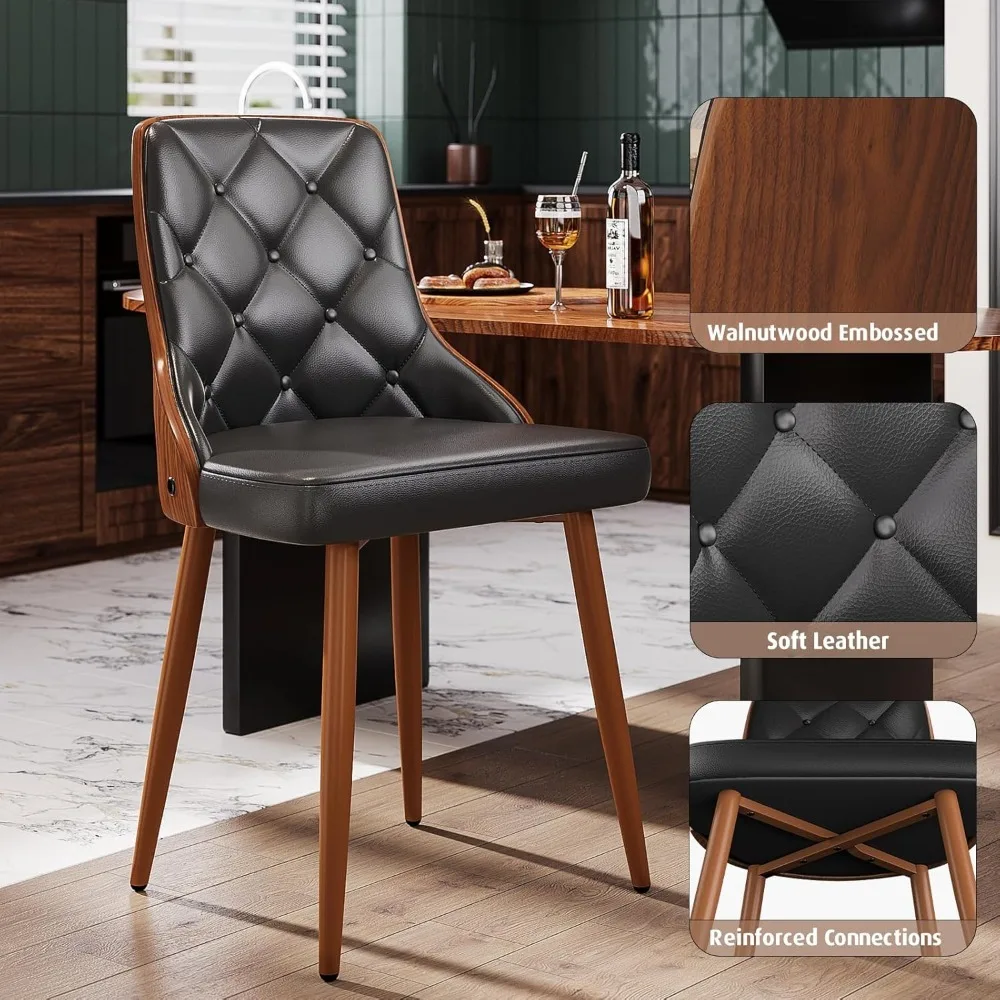 Dining Chairs Set of 8, Mid Century Modern Kitchen and Dining Room Chairs, Upholstered PU Leather Accent Chairs with Walnut Back 6