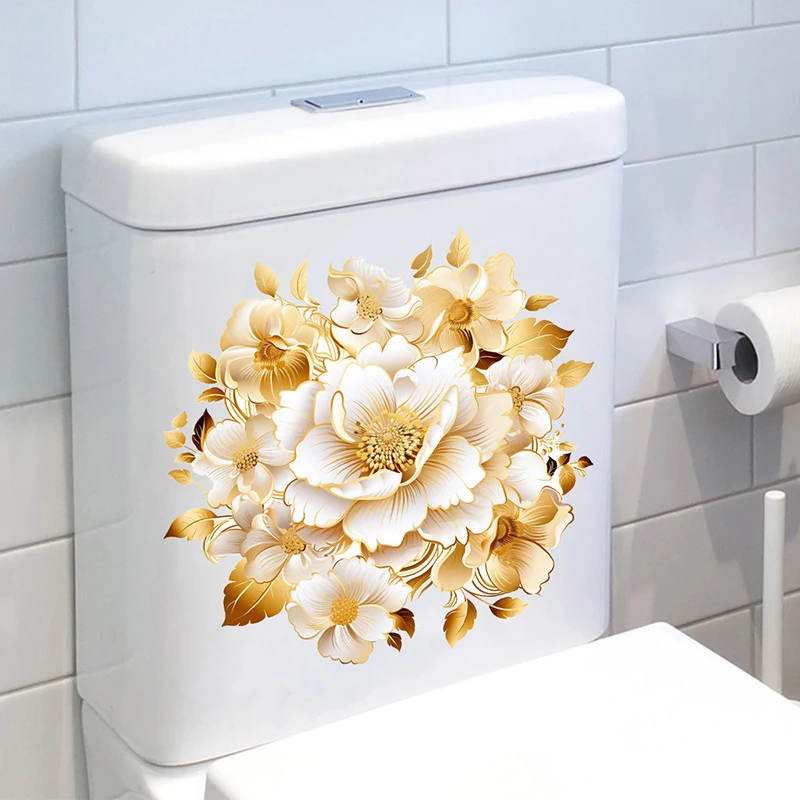 Bathroom Toilet Stickers Modern Minimalist Golden Flowers Pattern Self-adhesive Paintings For Bathroom Living Decorations