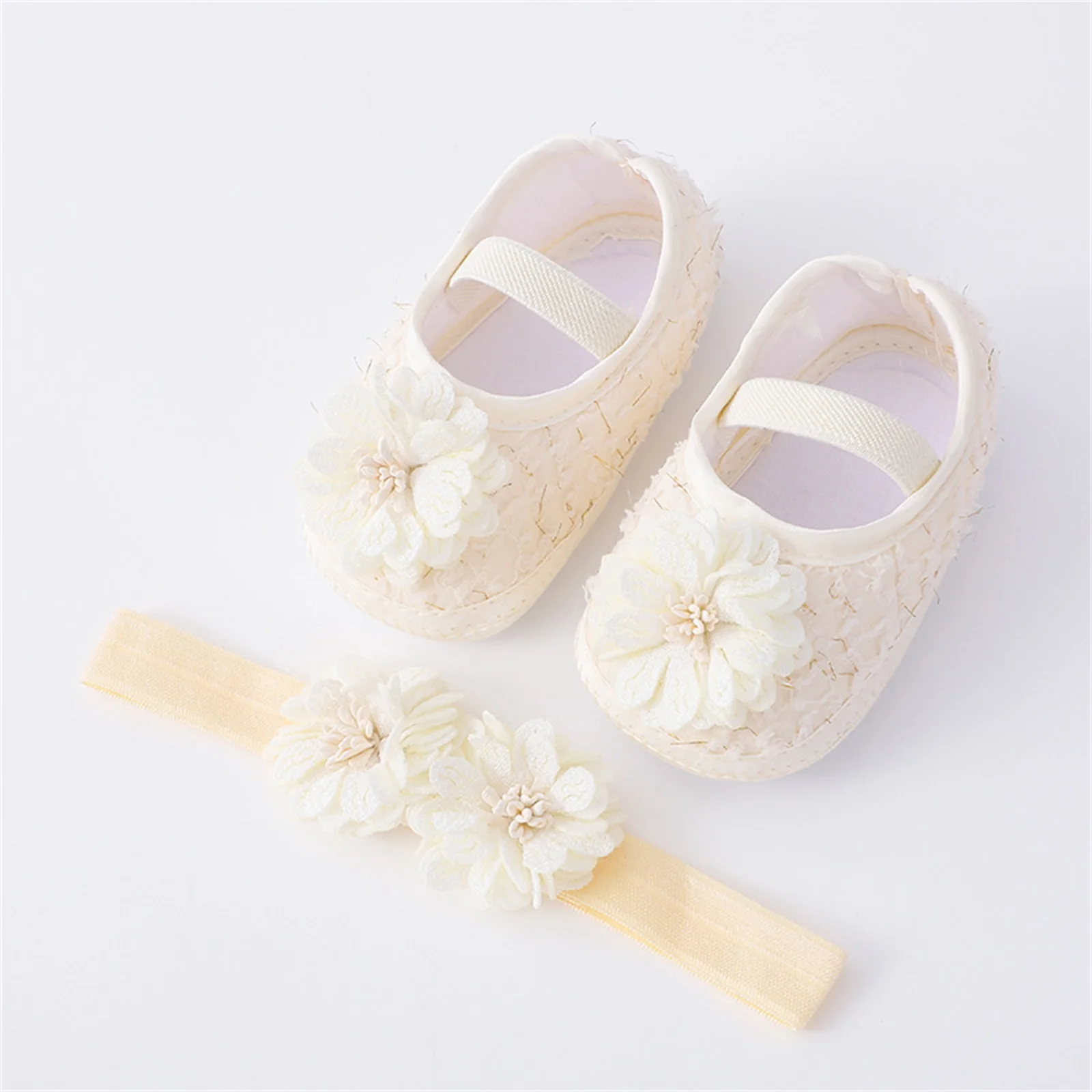 

EWODOS Toddler Baby Girls Flat Shoes Set Babies Crib Shoes Soft Sole Flower Elastic Band Non-slip Toddler Shoes with Hairband