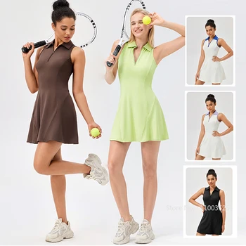 Women Tennis Dress Polo Zipper Collar Slim Skirts Ladies V-neck Breathable Slim Badminton Golf Dresses Quick-Dry Skorts S-XXL