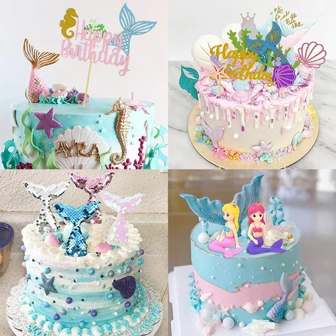 

Mermaid Party Cake Decoration Sequin Mermaid Tail Cake Toppers Kids Favors Happy Birthday Party Decor Baby Shower Supplies