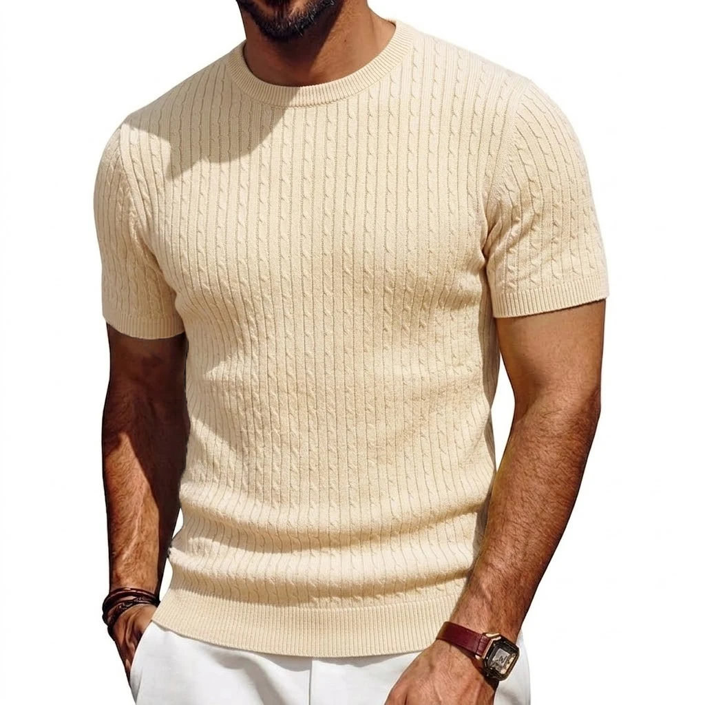 Neues Kurzarm-Strickpullover mit weicher Textur, Sommer-Strickshirt, lässige T-Shirts für Herren, gerippte Strickwaren, Rundhals-T-Shirts, Herren-T-Shirt – Detail 4