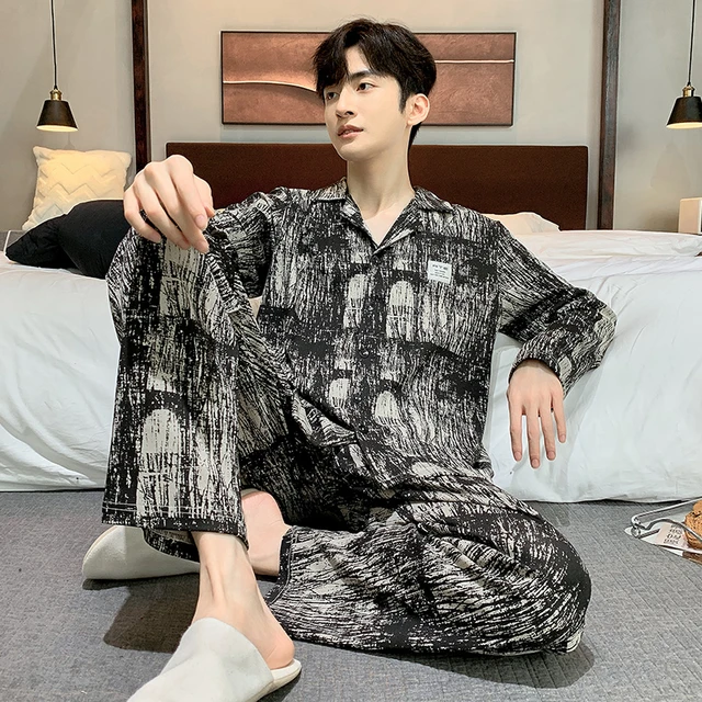 Men Sleepwear Striped Cotton Polyester Pajama Set for Man Long