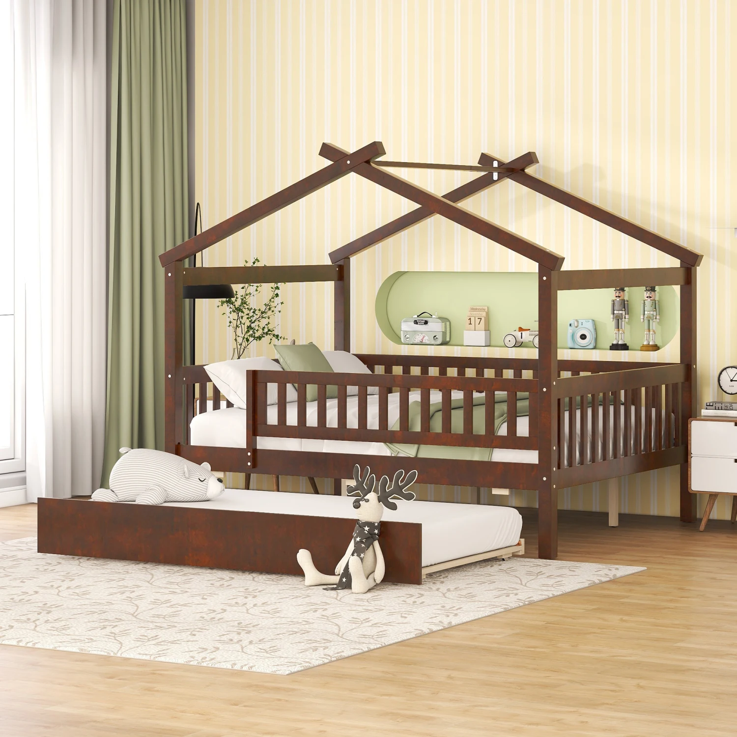 Full size Loft Bed with Shelves and Desk, Wooden Loft Bed with Desk - Espresso 2