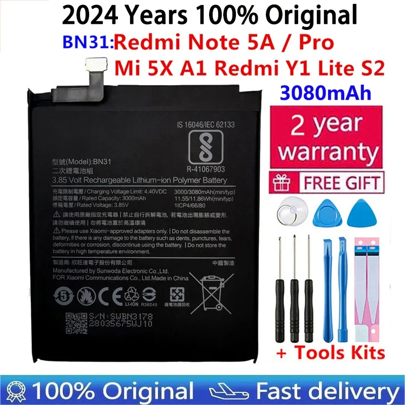 

100% Original Phone Battery BN31 for Xiaomi Mi 5X Mi5X Redmi Note 5A / Pro Mi A1 Redmi Y1 Lite S2 3080mAh Batteries + Tools