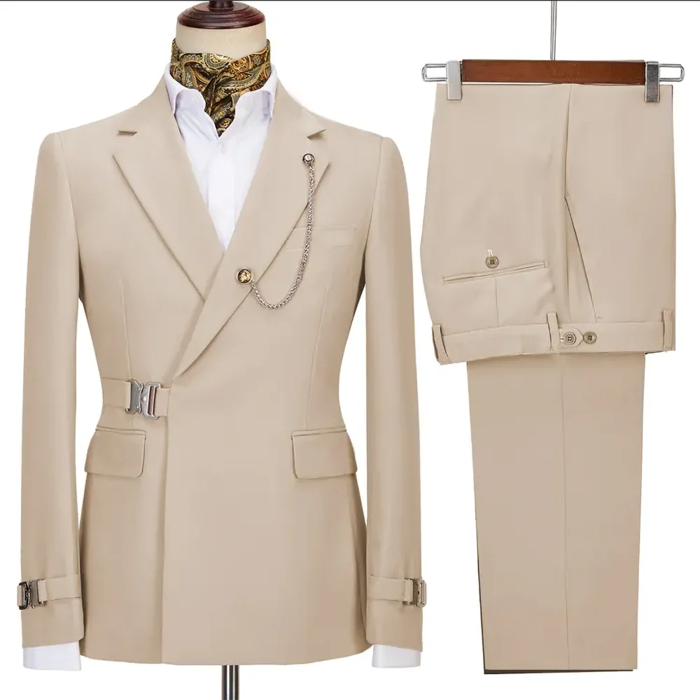 Metal Buckles Men Suits 2 Piece Fashion Khaki Notch Lapel Solid Color Blazer Business Casual Wedding Groom Full Men's Suit