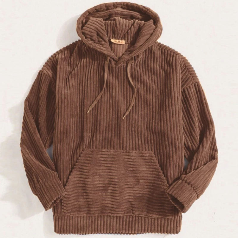 

Retro Corduroy Hooded Men's Casual Pullover Sweatshirt with Kangaroo Pocket Street Clothing Winter and Autumn Gifts