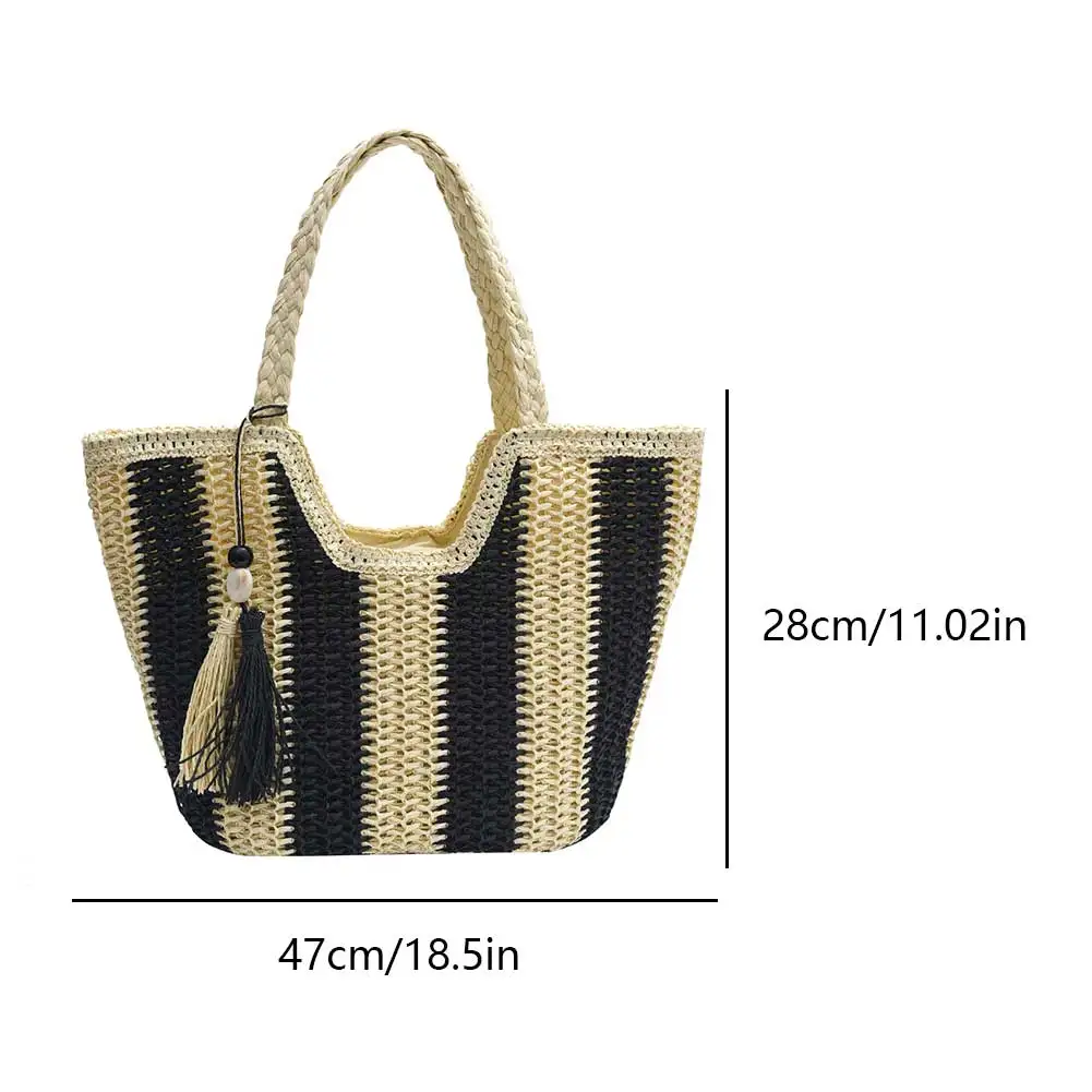 Striped Straw Beach Bag Large Vacation Bag Woven Holiday Travel Handbag with Tassel for Women Work Travel Vacation