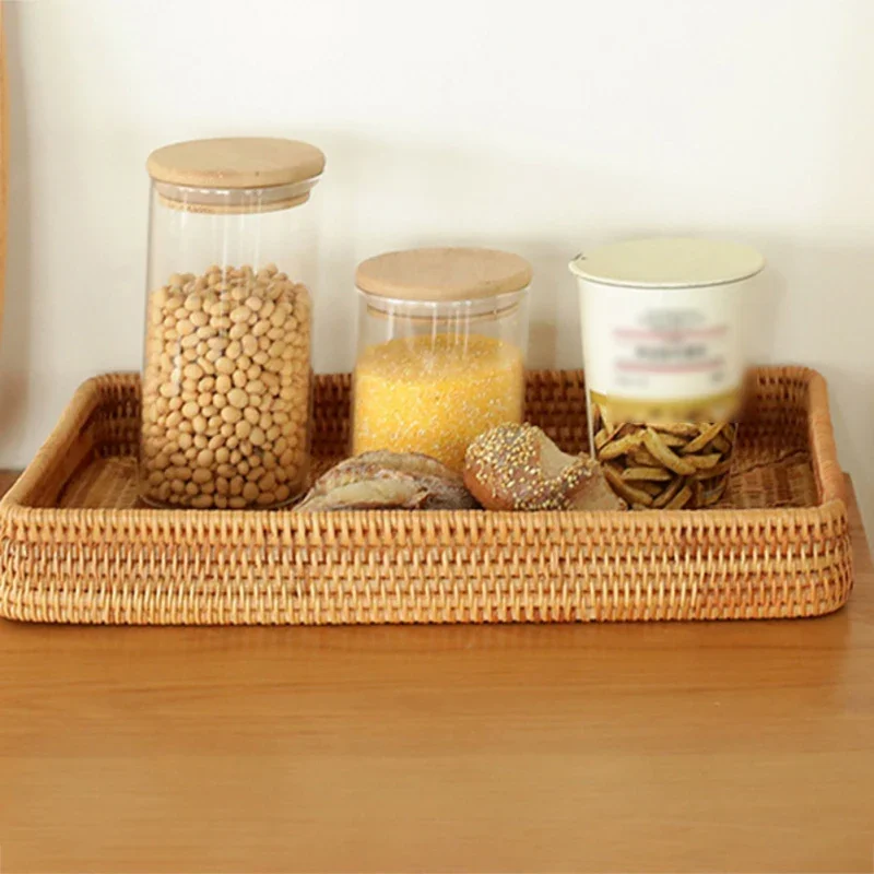 Handwoven Rattan Storage Basket Square Wicker Tray Picnic Basket Bread Food Plate Fruit Cake Sundries Box Home Desk Decor S/M/L 5