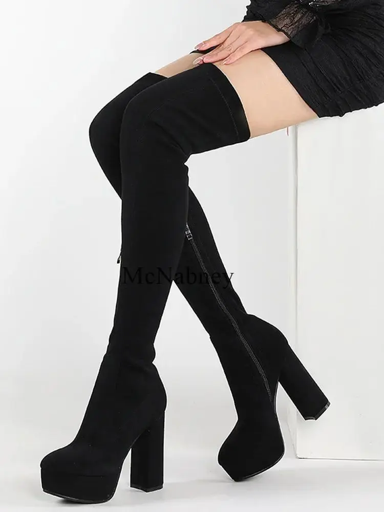 

Black And White Over-The-Knee Platform Women Boots Pointed Toe Chunky Super High Heels Side Zipper Design Soft Shoe Upper