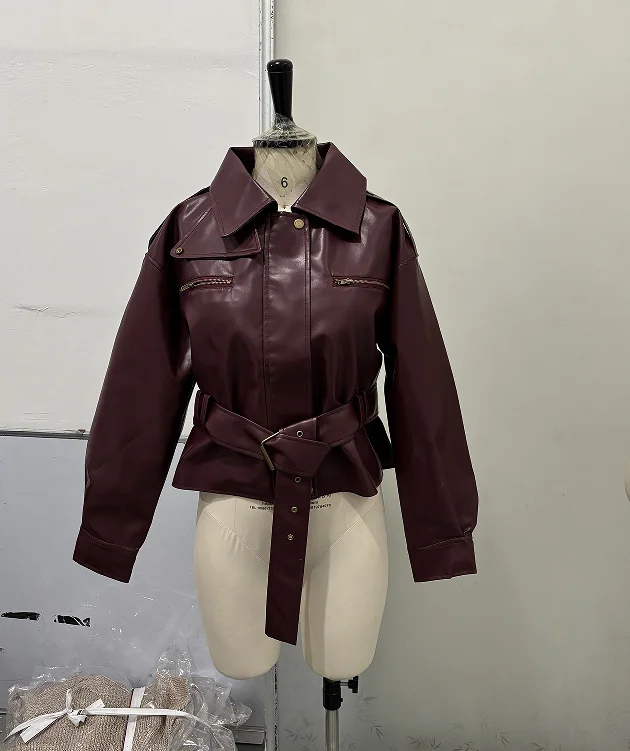 Vintage Damen-Lederjacke, Stehkragen, Tasche, Kurzmantel, Retro-Bund, Reißverschluss, Oberbekleidung, 2025, neue Herbst-Winter-Jungenjacken – Detail 4