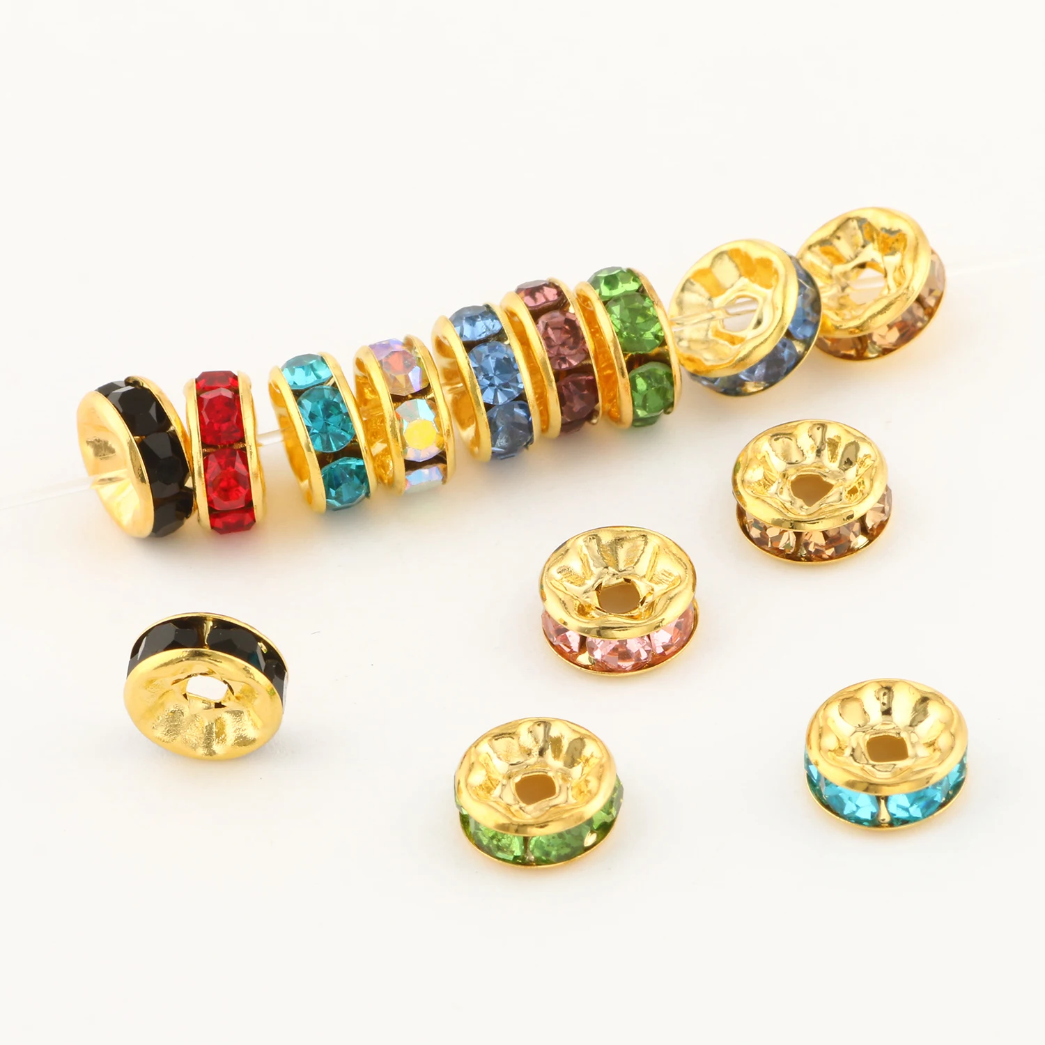Rhinestone Spacer Beads 50pcs Multi-color Crystal Metal Spacers Rondelle Beads for Jewelry Making DIY Bracelets Accessories