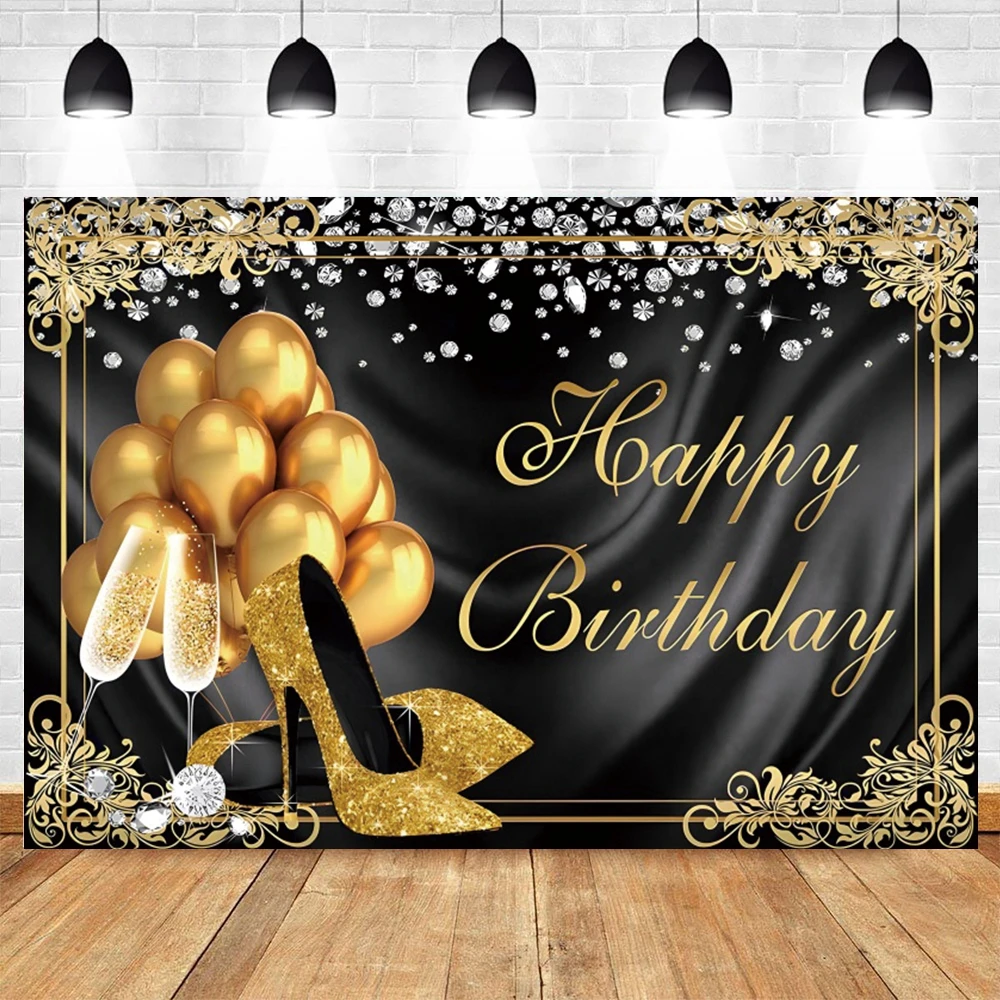 Adult Happy Birthday Backdrop Black Gold Glitter Balloon Boys Girls Birthday Party Decor Photography Background Customized