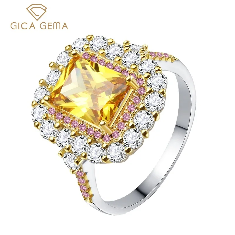 

GICA GEMA Women Champagne Diamond Engagement Rings Real 925 Sterling Silver Fashion Square 7*9mm Yellow Gemstone Wedding Jewelry