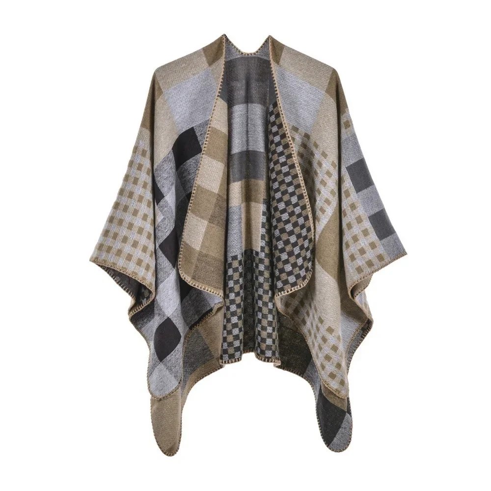 

Autumn Winter Plaid Women's Knitted Shawl Double-sided Split Shawl Fashion Street Poncho Lady Capes Khaki Cloaks