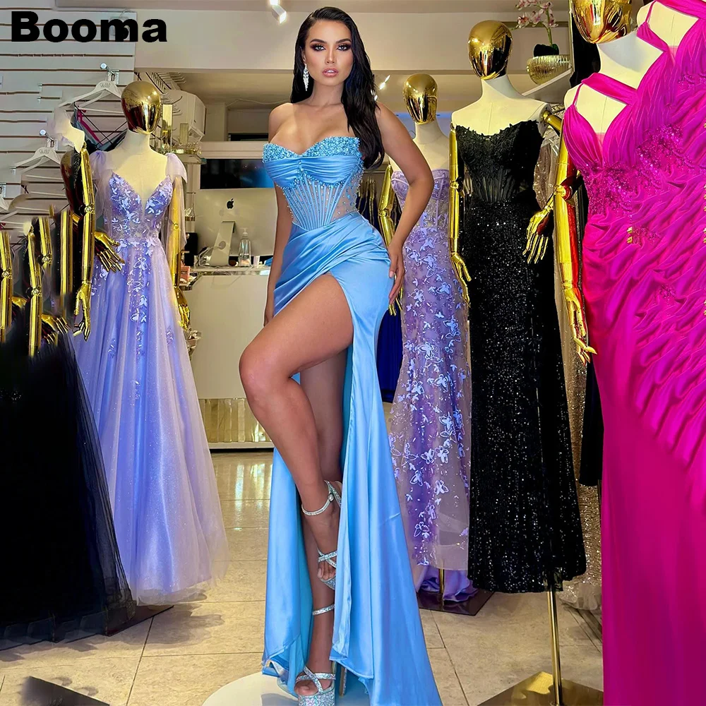 

Booma Sexy Blue Mermaid Evening Dresses Sweetheart Beading Pleat Prom Gowns for Women Boning Leg Slit Formal Occasion Dresses
