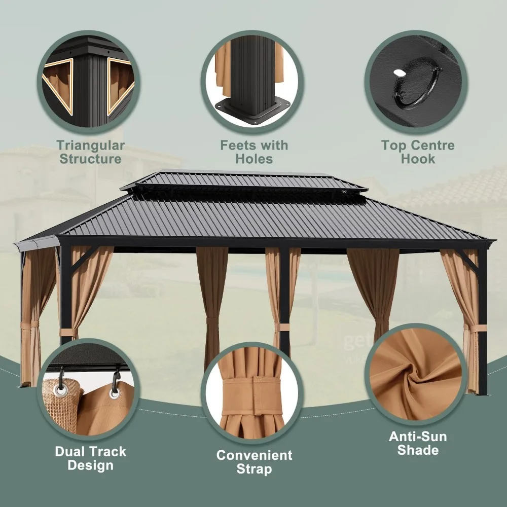 12'x20' Hardtop Metal Gazebo, Outdoor Galvanized Steel Double Roof Canopy, Aluminum Frame Permanent Pavilion 5
