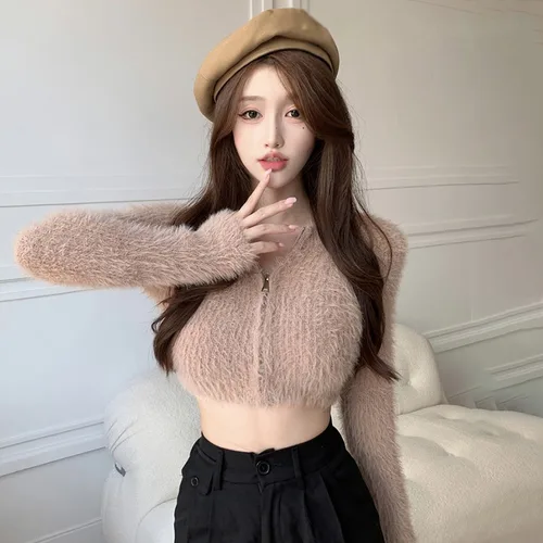 여성 스웨터 니트 가디건, 플러시 오프 숄더, 짧은 스타일 코트, 부드러운 밍크, 단색 지퍼 디자인 6