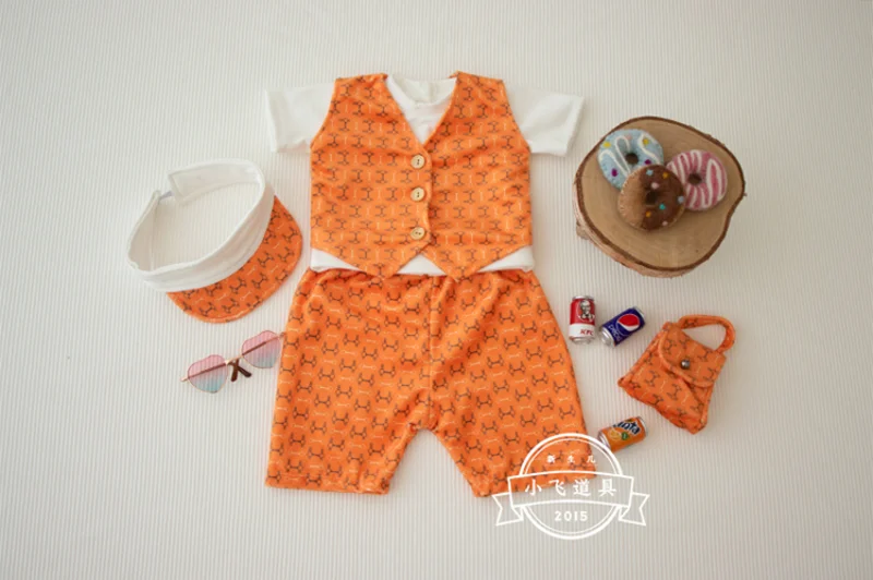 Dvotinst Newborn Photography Props Baby Boy Orange Gentleman Summer Outfit Set Fotografia Studio Shooting Bebes Photo Props