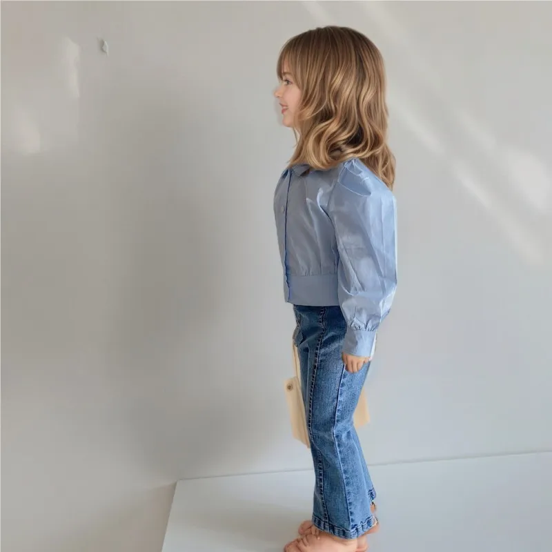  소녀 공주 코튼 블라우스 긴 퍼프 슬리브   아동 셔츠 솔리드 컬러 봄 가을  옷 1-7Y