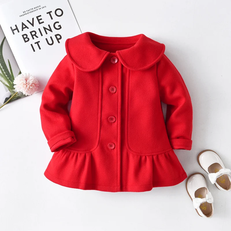 

Girls Woolen Coat Jacket Cotton Outwear 2022 Red Warm Thicken Plus Velvet Winter Autumn High Quality Children's Clothing