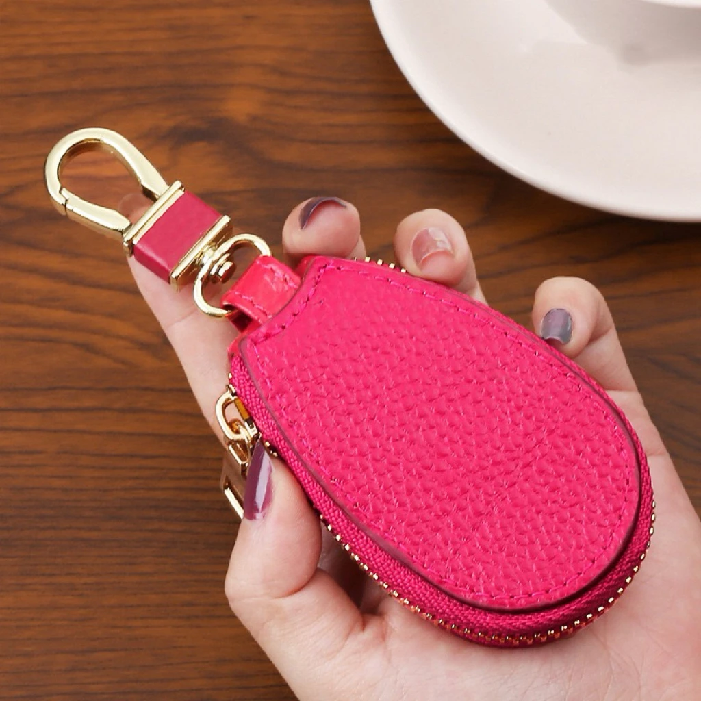 Premium Leather Keychain Mini Coin Purse and Card Holder with Dual Keyrings and Zipper Closure