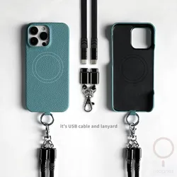 Premium Genuine Leather Magnetic Phone Case with Versatile Lanyard and USB Charging Cable - iPhone 17 e (Blue Black Strap)