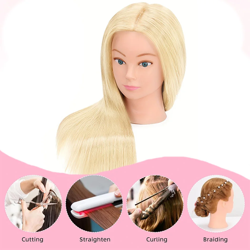 80% Real Human Hair Cosmetology Mannequin Head With 26'-28' Long Straight Blonde Hair For Hairdresser Training Head With Stand