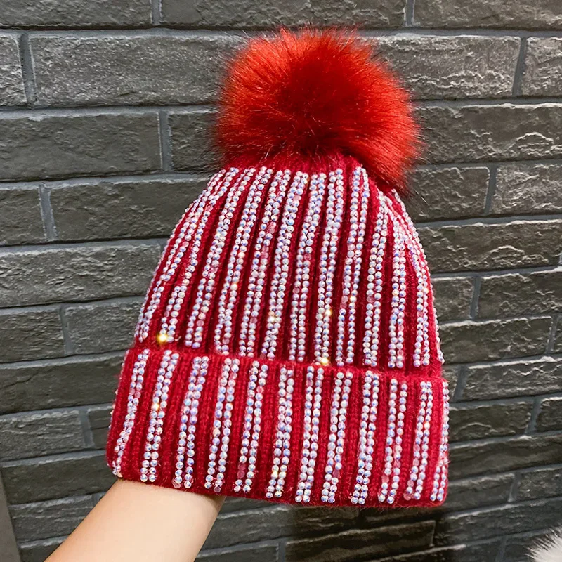 Mao Qiu Shui Diamond Striped Knitted Hat Plush Autumn Winter Woolen Hat Korean Outdoor Headband
