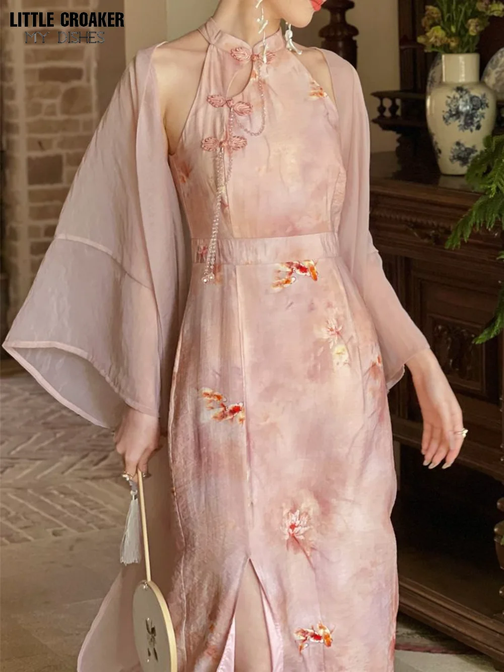 Women Mist Pink New Chinese Hanging Neck Cheongsam Dress Cardigan Set Chinese Style Gentle Improvement Daily Qipao Dress women mist pink new chinese hanging neck cheongsam dress cardigan set chinese style gentle improvement daily qipao dress