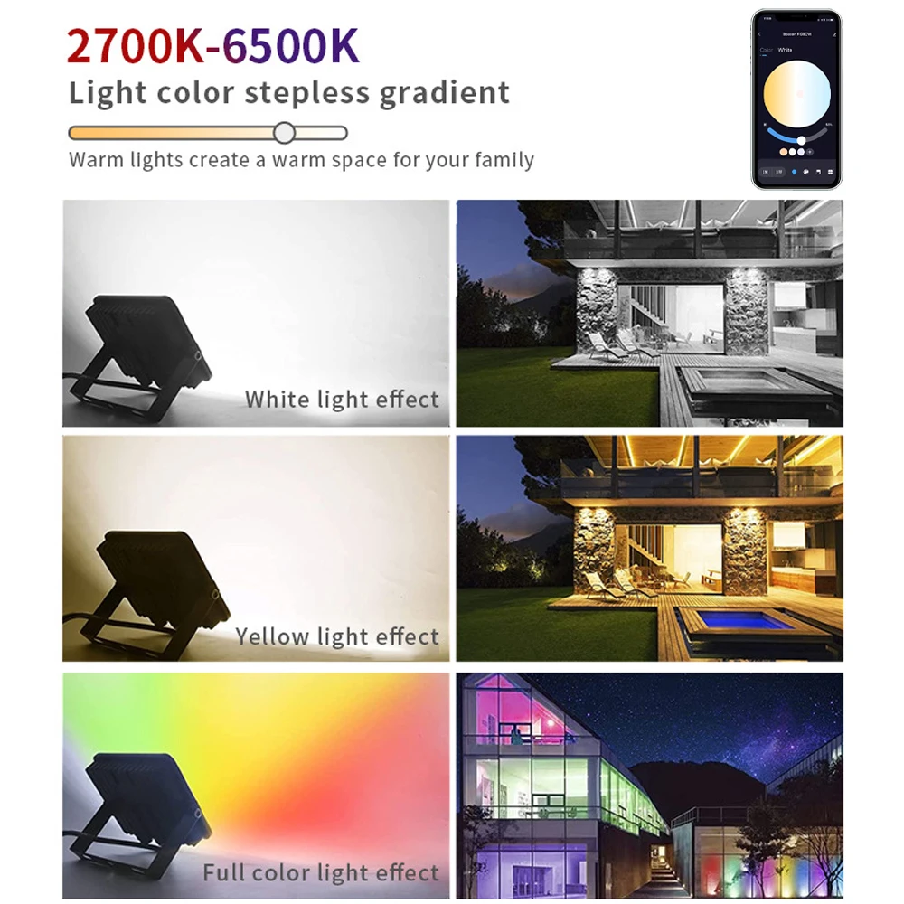 LED Flood Light Outdoor RGBCW Smart Floodlight 16 million colors Adjustable color temperature WIFI and wireless connectivity for patio