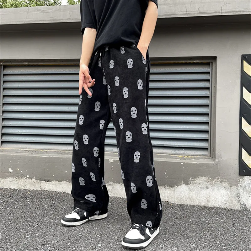 Mens Skull Printed Pink Cargo Pants Men Streetwear Casual Trousers Vintage Corduroy Straight Long Baggy Pants Pantalon Homme men trousers