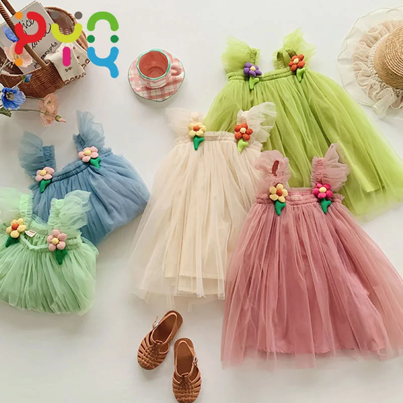 

2023New Summer Beautiful Three-dimensional Flower Strap Dresses For Girls Sweet Fly-Sleeve Baby Girls Mesh Puffly Princess Dress