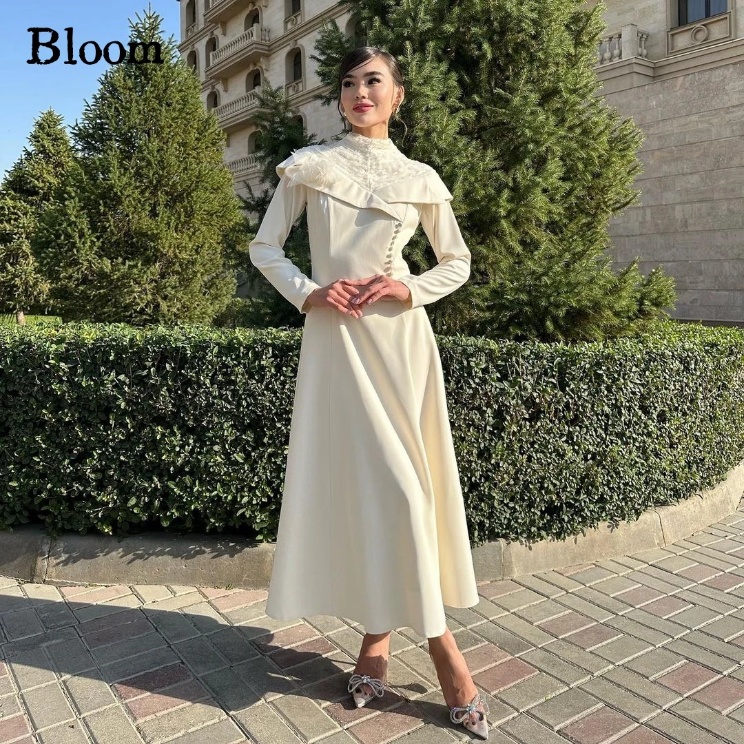 

Bloom Ivory High Neck Buttons Prom Dresses Long Sleeves A-line Beads Evening Dresses Wedding Party Dress vestidos para mujer