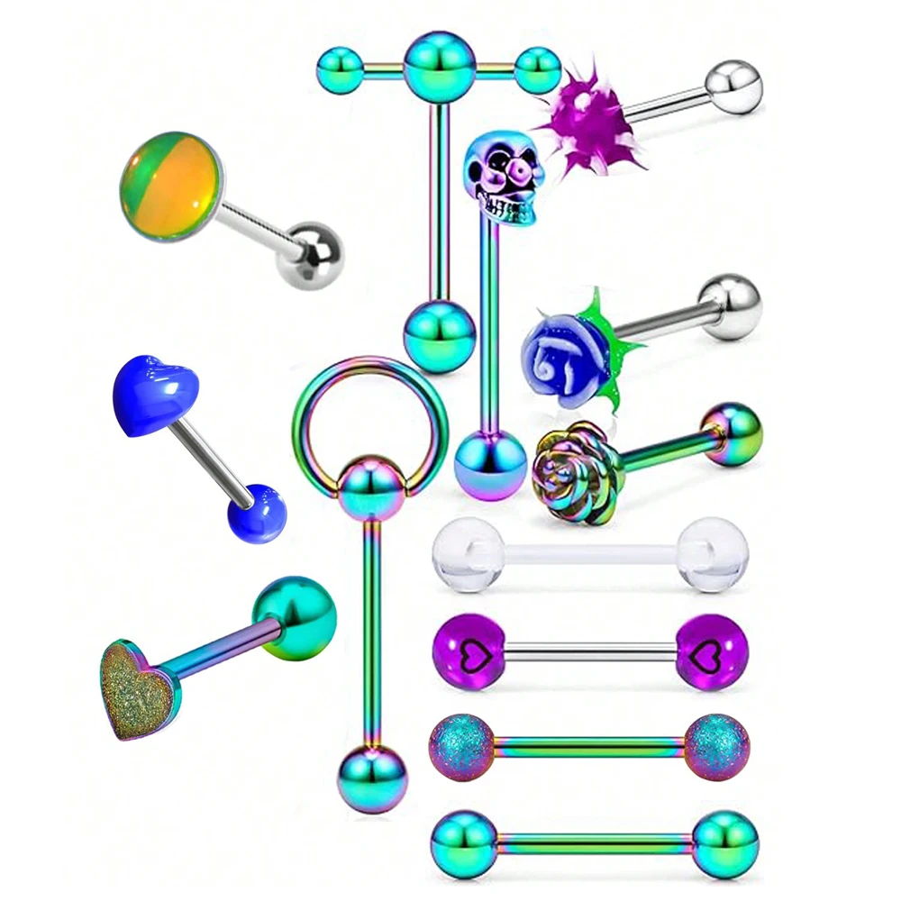 13pcs Stainless Steel Heart Shaped Tongue Ring Barbell Tongue Piercing Cute Bar Ear Tragus Studs Labret Piercing Body Jewelry