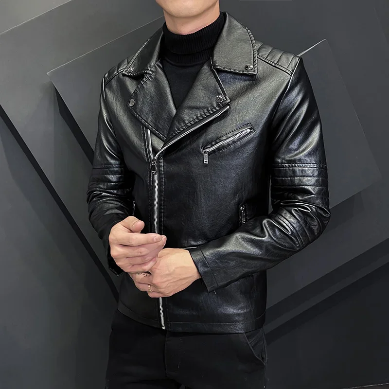 Spring and Autumn Men's Leisure Motorcycle Windproof Lapel Fashion PU Leather Jacket Brand Men's Slim Fit High Quality Coat