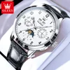 OLEVS Top brand Luxury Moon Phase Automatic Mechanical Watch for Men Date Week Leather Strap Waterproof Man's Watches Luminous 1