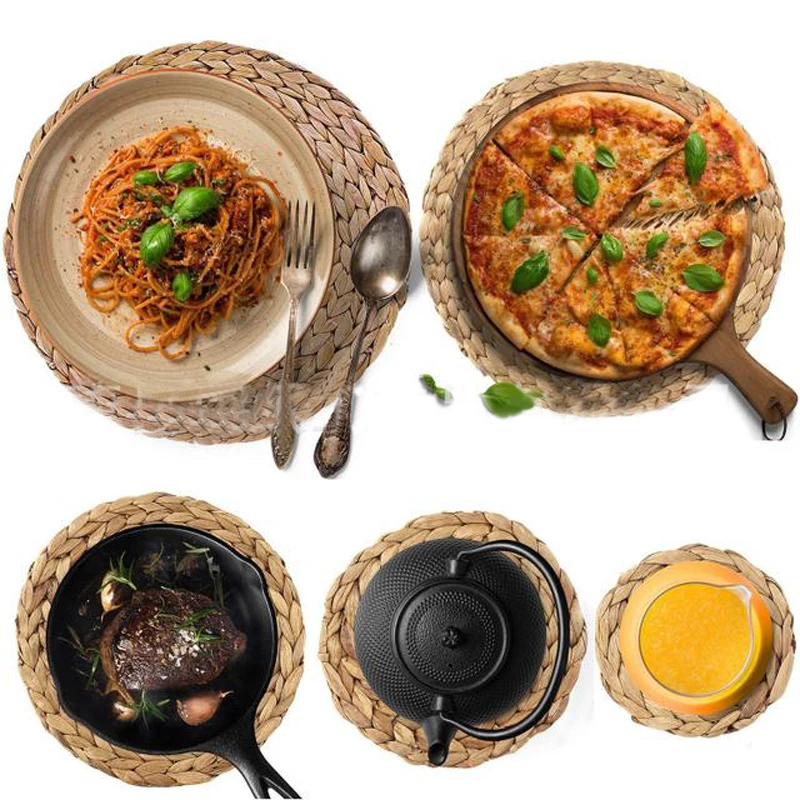 10cm Natural Table Mat Handmade Water Hyacinth Woven Placemat Round Braided Heat Resistant Hot Insulation Anti-Skidding Cup Pad