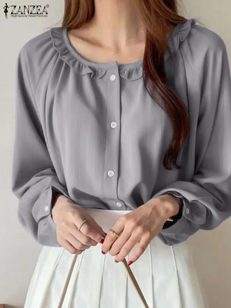 

ZANZEA Casual Loose Round Neck Tunic Elegant Women Shirt Fashion Solid Ruffles Tops 2024 Spring Holiday Long Sleeve Blouse Femme