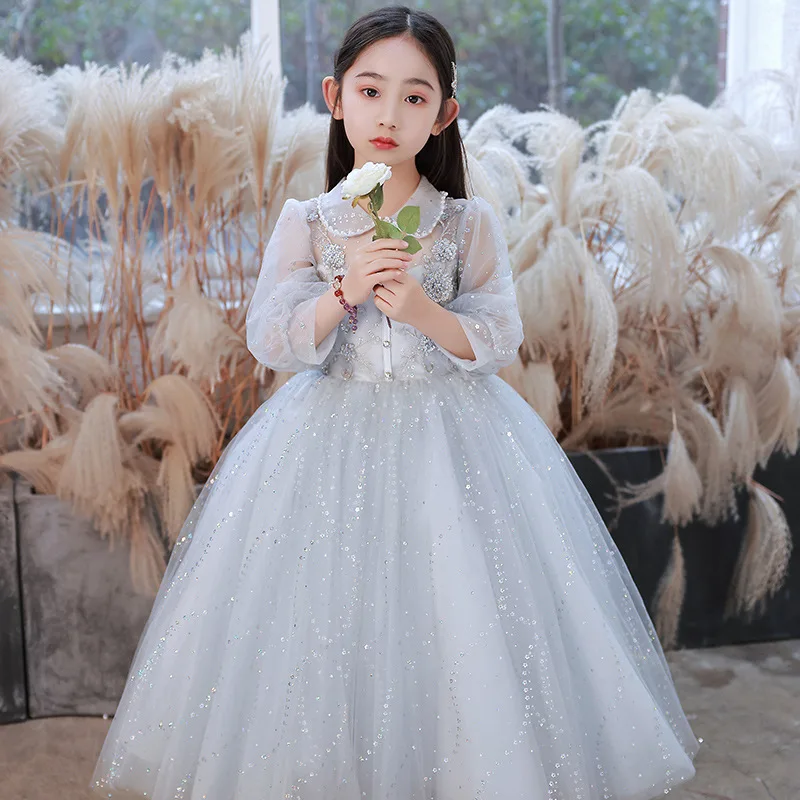 

Long Princess Weeding Frock Elegant Luxury White Flower Little Girls Tulle Dresses Wedding Birthday Party Dress for Kids Baby