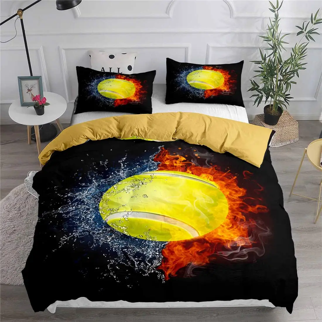 

3 Piece Teen Tennis Bedding Set Boys Sports Themed Duvet Cover Crack Ball Breaking Pattern Green White and Black Bedspread
