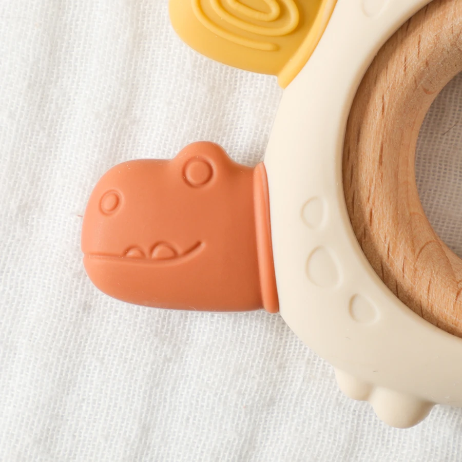 Baby Silikon Beißring Grade Lebensmittel Silikon Dinosaurier Holz Ring Baby Pflege Zahnen Spielzeug Zahnpflege Silikon Kaugummi Baby Spielzeug – Detail 13