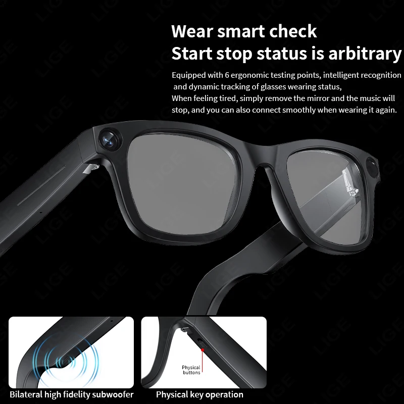 LIGE New Camera Smart Glasses 800W Camera Recording Anti Blue Light AI Recognition Translation Sunglasses Lenses 300mAh Battery