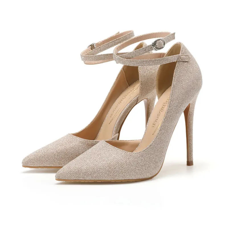 

Spring/Summer New Pointed Side Air Sequins Bridal Wedding Shoes Thin High Heels Banquet Dress Buckle Strap Large Women's Sandals