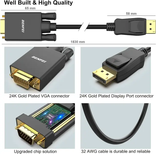 Monitor Cable VGA To Hdmi Displayport To Dvi BENFEI DisplayPort To