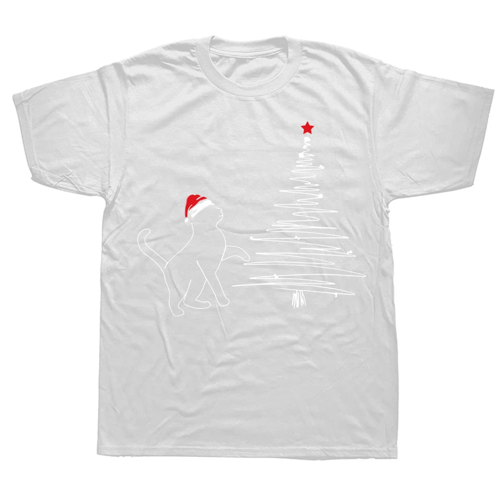 Lustiges T-Shirt mit Katzen-Strichzeichnung, Weihnachtsbaum, Weihnachten, Sommerstil, grafische Baumwolle, Streetwear, kurzärmelig, Geburtstagsgeschenke_voghion.com