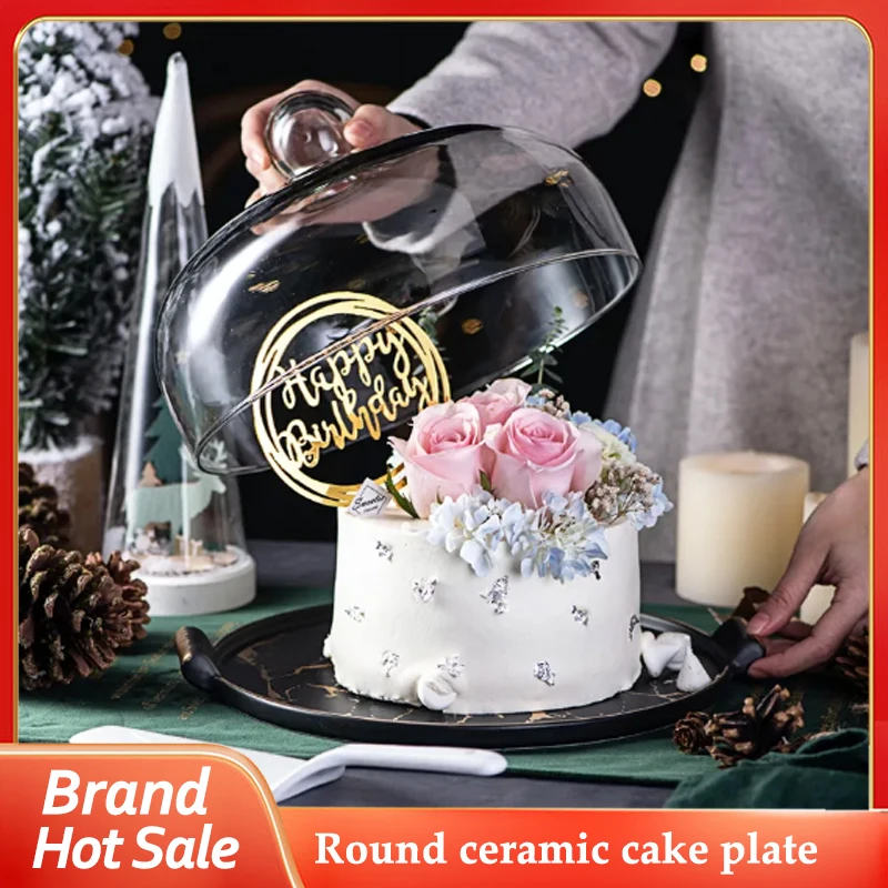 

Round Ceramic Cake Plate, Fruit Dessert, Bread Display Tray with Glass Cover, Party Decoration, Graduation Wedding Anniversary