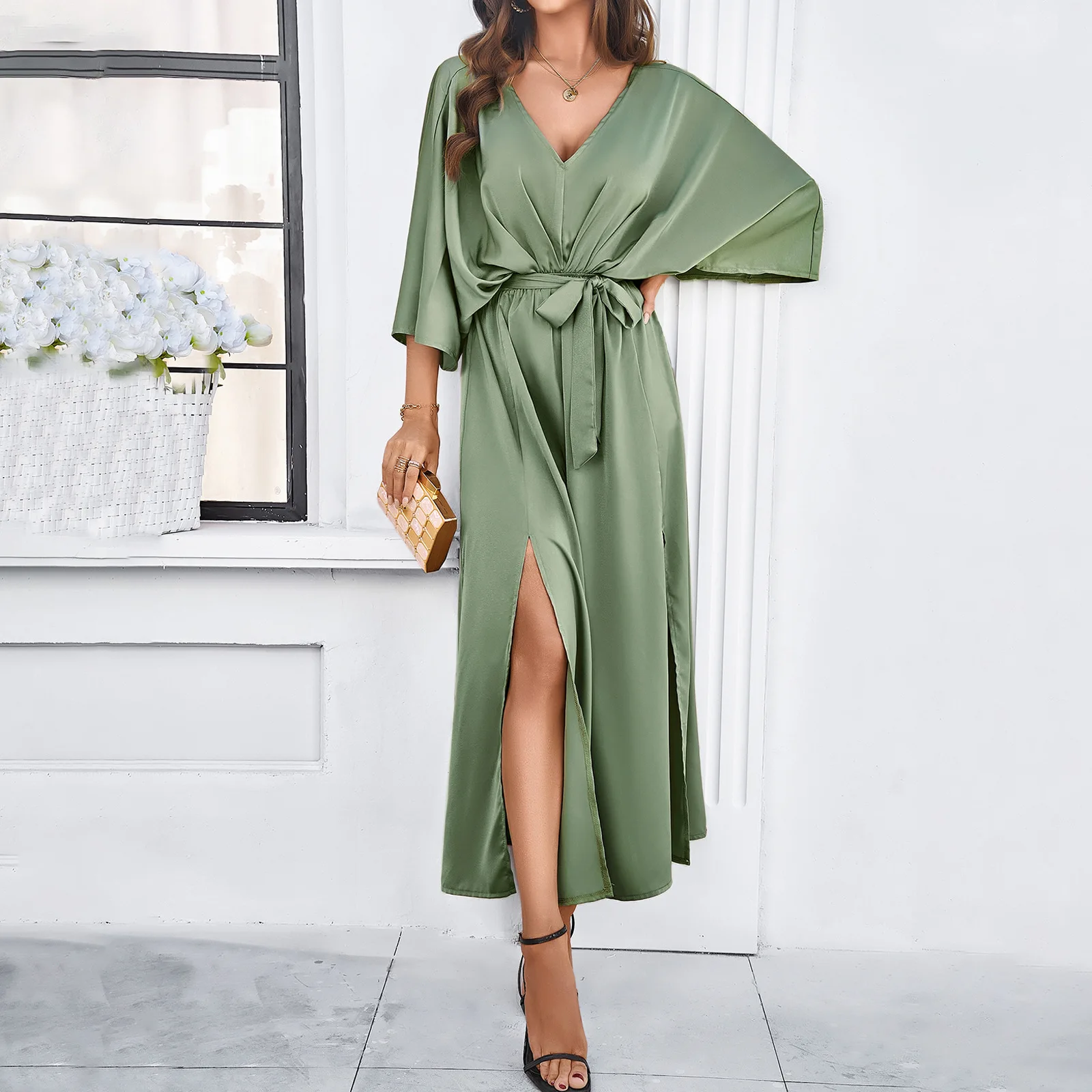 

YEAE Solid Color Elegant V-Neck Loose Dress Long Sleeve Bat Sleeve Tie Belt Adjustable Waist Elegant Sexy Commuter Clubwear New