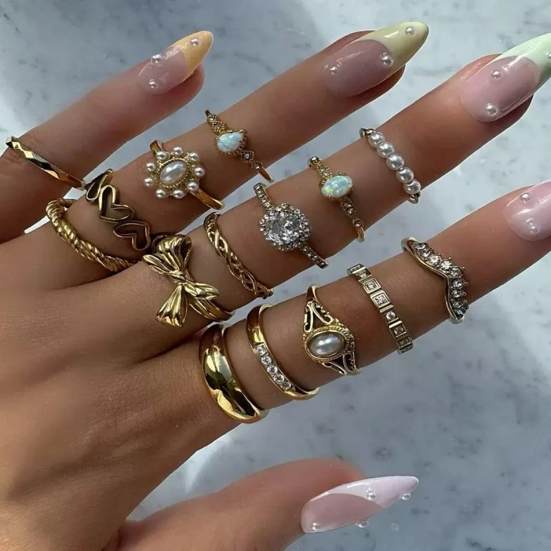 15pcs/Set Fashion Gold Rings With Bow, Flower, Leaf And Faux Pearl Designs, Suitable For Women's Daily Wear Jewelry Accessories 1