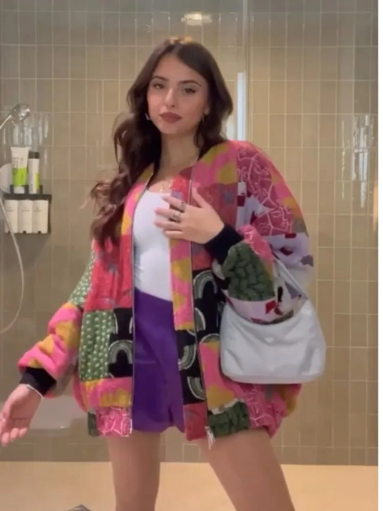 

Contrast Printed Long Sleeved Zippered Warm Jacket Women Fashion Casual Retro Motorcycle Coat 2023 Winter Party Club Streetwear